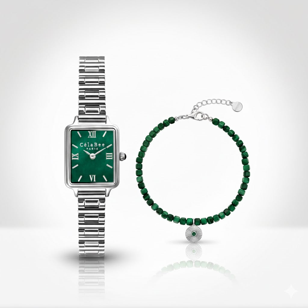 CélaBee Silver + Malachite Bracelet Set