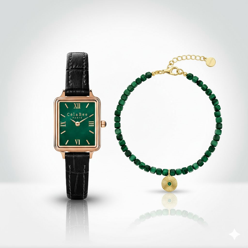 CélaBee Rose Gold + Malachite Bracelet Set